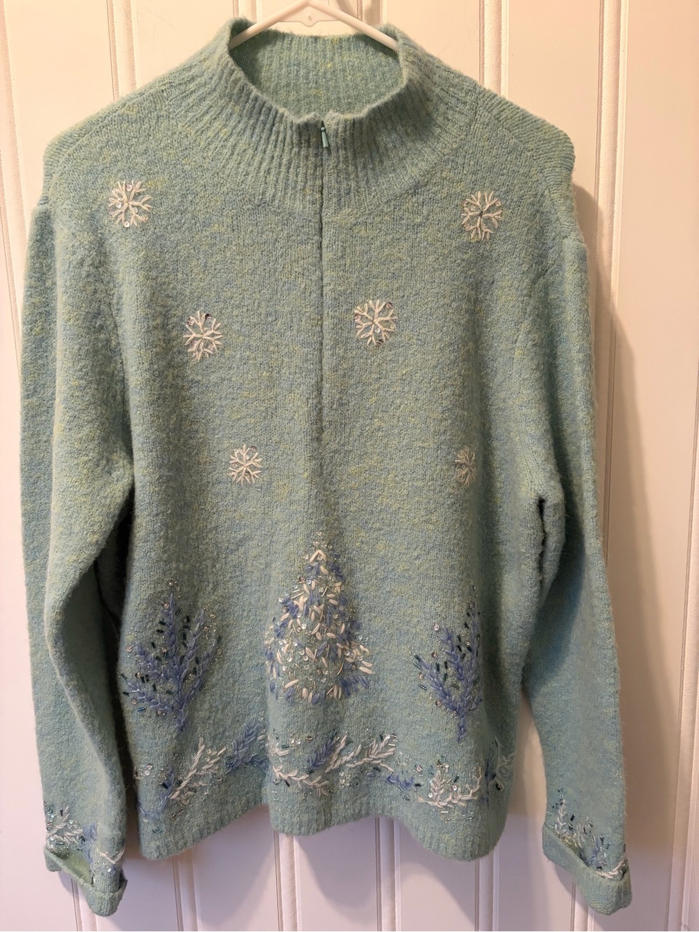 Vintage TALBOTS NWT Beaded Winter Tree Holiday Sweater Mock Neck Half Zip PL